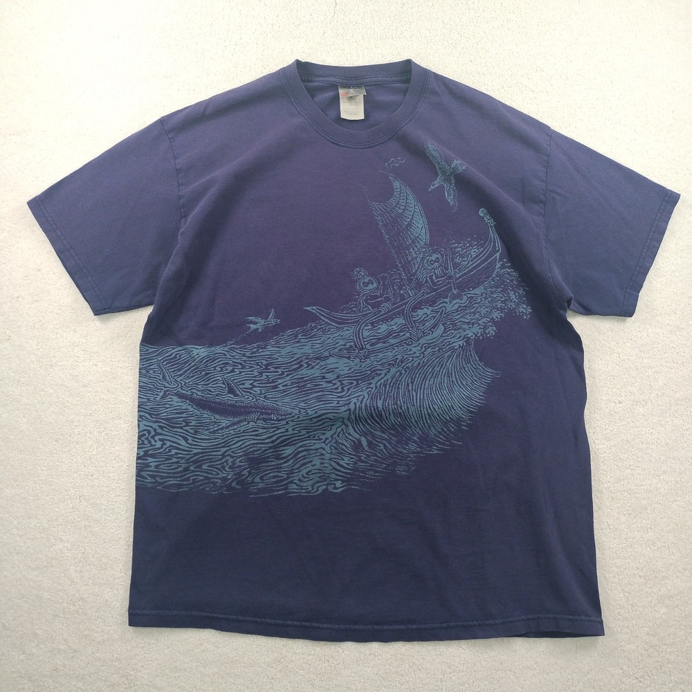 Vtg Eddy Y Skeleton Outrigger Canoe AOP Tshirt Men's L Blue Faded Surf Grunge 🔥